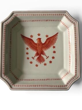 Ethan Allen Cream Ceramic Serving Tray Plate with Orange Red Eagle Motif